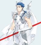  1boy alternate_costume armor blue_hair bnsn cape fate/stay_night fate_(series) lancer polearm ponytail red_eyes sleeveless solo spear weapon 