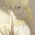  1boy ass2565 blonde_hair earrings fate/zero fate_(series) gilgamesh jewelry necklace red_eyes slit_pupils smile toga 