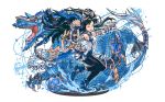  1girl bare_shoulders black_hair blue_eyes china_dress chinese_clothes claws dragon hair_ornament horns karin_(p&amp;d) long_hair looking_at_viewer official_art open_mouth pantyhose puzzle_&amp;_dragons sharp_teeth skull smile solo spiked_knuckles tail 