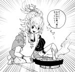  1boy apron frying_pan grilling l_hakase lowres male_focus monochrome open_mouth solo touken_ranbu translated turtle urashima_kotetsu white_background 