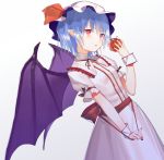  1girl apple bat_wings bite_mark blue_hair bow dress food fruit gradient gradient_background gukuli hat hat_bow highres looking_at_viewer mob_cap nail_polish open_mouth pointy_ears puffy_sleeves red_eyes remilia_scarlet ribbon sash short_hair short_sleeves solo touhou wings wrist_cuffs 