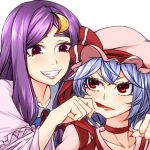  2girls annoyed bangs blue_hair cheek_pinching choker collarbone crescent_hair_ornament enami_hakase grin hair_ornament hat hat_ribbon lipstick lowres makeup multiple_girls parted_bangs patchouli_knowledge pinching purple_hair red_eyes remilia_scarlet ribbon short_hair smile touhou tsurime violet_eyes 