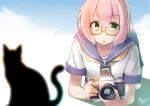  1girl :o all_fours aoba_(kantai_collection) azalanz bespectacled blush camera cat clouds dated glasses green_eyes kantai_collection school_uniform semi-rimless_glasses serafuku short_sleeves signature sky solo under-rim_glasses 