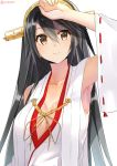  1girl aiguillette arm_up artist_name bare_shoulders black_hair breasts brown_eyes covering_eyes detached_sleeves hair_ornament hairband hairclip haruna_(kantai_collection) headgear isshiki_(ffmania7) japanese_clothes kantai_collection long_hair nontraditional_miko remodel_(kantai_collection) simple_background smile solo twitter_username upper_body white_background 