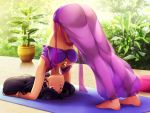  1girl beli_lapran black_hair bracelet breasts cleavage dark_skin game_cg hanging_breasts highres hunie_pop indian_clothes jewelry large_breasts long_hair ninamo pink_eyes sari solo top-down_bottom-up upside-down yoga yoga_mat 