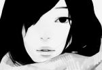  1girl black black_hair close-up expressionless greyscale hair_over_one_eye looking_at_viewer monochrome original parted_lips portrait scarf solo tae teeth white 