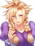  1boy blonde_hair blue_eyes blush braid breast_padding cloud_strife crossdressinging dress final_fantasy final_fantasy_vii looking_at_viewer spiky_hair twin_braids yapo_(croquis_side) 