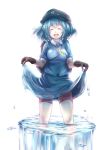  1girl ase_tou_mi_kaameru backpack bag blue_hair blush bubble closed_eyes gloves hair_bobbles hair_ornament hat highres kawashiro_nitori key open_mouth partially_submerged puffy_sleeves shirt short_sleeves simple_background skirt skirt_lift skirt_set smile solo touhou twintails water white_background 