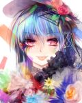  1girl :p blue_hair close-up daisy face flower hat hat_flower highres hinanawi_tenshi looking_at_viewer multicolored_eyelashes red_eyes red_rose rose short_hair simple_background solo tenhenoboru tongue tongue_out touhou white_background 