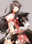 1girl bandages belt black_hair braid breasts expressionless grey_background long_hair mishiro_(andante) navel short_shorts shorts solo tales_of_(series) tales_of_berseria torn_clothes under_boob velvet_(tales) yellow_eyes 
