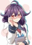  1girl ahoge antenna_hair bespectacled blush commentary_request glasses hair_between_eyes hair_flaps kantai_collection light_smile long_hair long_sleeves looking_at_viewer low_twintails matewi_(akuty_ikkot) puffy_long_sleeves puffy_sleeves purple_hair red_eyes school_uniform solo taigei_(kantai_collection) twintails 