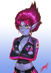  1girl absurdres breasts choker cleavage crossed_arms earrings evelynn facial_mark forehead_mark gradient gradient_background heewon_lee highres jacket jewelry league_of_legends lipstick makeup midriff navel pink_hair pointy_ears purple_lipstick purple_skin signature solo upper_body yellow_eyes 