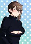  1girl blush brown_eyes brown_hair cleavage_cutout kaga_(kantai_collection) kantai_collection looking_at_viewer open-chest_sweater polka_dot polka_dot_background short_hair shoukaki_(earthean) side_ponytail solo sweater upper_body 
