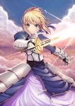  1girl absurdres ahoge armor armored_dress blonde_hair blue_eyes clouds dress excalibur fate/stay_night fate_(series) faulds gauntlets glowing glowing_sword glowing_weapon highres saber solo sword wachiroku_(masakiegawa86) weapon 