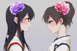  2girls akagi_(kantai_collection) black_hair blue_eyes brown_hair flower hair_flower hair_ornament highres japanese_clothes kaga_(kantai_collection) kantai_collection lips long_hair mironomeo multiple_girls profile red_eyes short_hair side_ponytail solo 