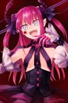  1girl asymmetrical_horns blood blood_on_face blue_eyes claws detached_sleeves fangs fate/extra fate/extra_ccc fate_(series) horns lancer_(fate/extra_ccc) long_hair pink_hair pointy_ears solo somemiya_suzume two_side_up 