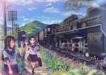  2girls ayanami_(kantai_collection) black_hair blush braid brown_eyes brown_hair daito hair_ribbon isonami_(kantai_collection) kantai_collection long_hair mountain multiple_girls open_mouth ponytail ribbon scenery school_uniform serafuku side_ponytail skirt smile train train_station waving 