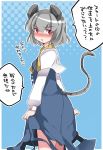  1girl animal_ears blue_dress blush capelet dress dress_lift grey_hair hammer_(sunset_beach) jewelry looking_at_viewer mouse_ears mouse_tail nazrin open_mouth pendant red_eyes solo tail touhou translation_request 