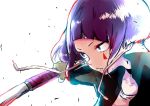  1girl blue_eyes boku_no_hero_academia brown_gloves choker facial_mark fingerless_gloves gloves jirou_kyouka knife long_sleeves panda_(hq_star) plug purple_hair short_hair solo upper_body 