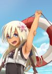  1girl arm_up armpits blonde_hair blue_eyes blue_sky blush clouds crop_top flower hair_flower hair_ornament highres holding kantai_collection lifebuoy long_hair looking_at_viewer ocean one-piece_tan open_mouth re:re:re: ro-500_(kantai_collection) sailor_collar school_swimsuit school_uniform serafuku showing_armpits sky smile solo strap stretch swimsuit swimsuit_under_clothes tan tanline torpedo upper_body 