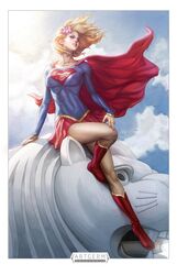  1girl blonde_hair blue_eyes boots cape dc_comics highres miniskirt skirt smile solo stanley_lau supergirl superhero 