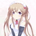  1girl apron bare_shoulders blush bow bowtie brown_hair detached_sleeves elf frills hair_bow hair_ribbon long_hair looking_at_viewer maid maid_apron maid_headdress myucel_foalan outbreak_company pointy_ears ribbon solo twintails violet_eyes yasai_yuuki 