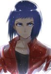  1girl blue_eyes blue_hair ghost_in_the_shell ghost_in_the_shell_arise isshiki_(ffmania7) jacket kusanagi_motoko looking_at_viewer short_hair simple_background solo upper_body white_background 