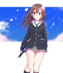  1girl black_legwear blush brown_hair cellphone clouds earrings green_eyes idolmaster idolmaster_cinderella_girls jewelry long_hair masamuuu necktie petals phone school_uniform shibuya_rin skirt sky smartphone socks solo 