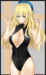  1girl alternate_costume atago_(kantai_collection) blonde_hair border breasts cleavage_cutout cowboy_shot green_eyes hat highres isshiki_(ffmania7) kantai_collection large_breasts looking_at_viewer smile solo swimsuit twitter_username 