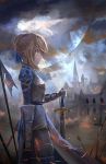  1girl ahoge armor armored_dress blonde_hair castle fate/stay_night fate_(series) green_eyes highres planted_sword planted_weapon saber solo sword tears tianya_beiming weapon 