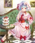  1girl ama-tou ascot bow brooch cake choker corset couch cup dress embellished_costume food hat hat_ribbon jewelry mob_cap painting_(object) pink_dress red_eyes remilia_scarlet ribbon ribbon-trimmed_clothes ribbon_choker ribbon_trim short_sleeves sitting smile solo table teacup touhou wide_sleeves wrist_cuffs 
