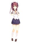  1girl ahoge blush hair_ribbon hands_clasped hands_together hateno-yukimi kneehighs looking_at_viewer original pleated_skirt purple_hair ribbon school_uniform simple_background skirt smile solo violet_eyes white_background white_legwear 