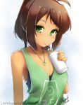  1girl ahoge azalanz brown_hair drinking_straw green_eyes jewelry looking_at_viewer necklace short_hair signature solo tan upper_body 