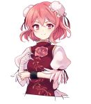  1girl bandages bun_cover chinese_clothes cuffs double_bun flower ibaraki_kasen pink_eyes pink_hair rose short_hair smile solo tabard touhou uranaishi_(miraura) 