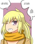  1girl ahoge blonde_hair english grin highres long_hair lunarisaileron no_nose one_eye_closed orange_scarf portrait purple_background rwby scarf smile solo speech_bubble violet_eyes yang_xiao_long 