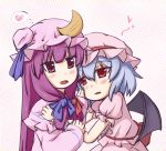  2girls bat_wings blue_hair blush commentary_request crescent_moon dress hand_on_another&#039;s_face hat heart moon multiple_girls natsuki_(silent_selena) patchouli_knowledge purple_hair red_eyes remilia_scarlet thought_bubble touhou violet_eyes wings yuri 