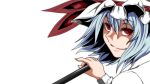  1girl blue_hair commentary_request hat highres potato_pot red_eyes remilia_scarlet smile solo touhou 
