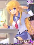  1girl angel_beats! blonde_hair blue_eyes card_(medium) long_hair mechanical_pencil pencil sakura_neko school_uniform sekine serafuku thigh-highs 