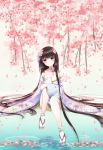  1girl bare_shoulders black_hair breasts cherry_blossoms clog_sandals collarbone flower hair_flower hair_ornament itsumoto_hiroharu japanese_clothes kimono long_hair looking_at_viewer orange_eyes original ripples sitting socks solo tree very_long_hair white_legwear 