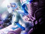  1girl alien blue_skin bodysuit breasts celeste_luvendass dutch_angle game_cg gloves highres horns hunie_pop large_breasts latex long_hair ninamo orange_eyes skin_tight solo space space_craft tentacles white_hair 