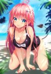  1girl ahoge all_fours bare_legs bare_shoulders beach black_school_swimsuit blue_eyes blush breasts cleavage demon_tail hair_ornament highres lala_satalin_deviluke long_hair looking_at_viewer name_tag ocean pink_hair school_swimsuit shokuyou_mogura smile solo swimsuit tail to_love-ru wet 