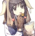  1girl bag_of_chips chips eating gloves grey_eyes hair_bobbles hair_ornament holding horn_ribbon horns leather_gloves looking_at_viewer original ribbon simple_background solo tagme takohaka track_jacket track_suit upper_body white_background 