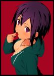 1girl blush border breasts cherry_tomato downblouse hoodie kinta_(distortion) looking_at_viewer mouth_hold necktie original purple_hair red_background short_hair simple_background solo tomato upper_body violet_eyes 