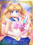  1girl bishoujo_senshi_sailor_moon blonde_hair blue_eyes blue_skirt bow brooch character_name choker cowboy_shot double_bun earrings elbow_gloves expressionless fch2009 gloves hair_ornament hairpin jewelry long_hair looking_at_viewer magical_girl pink_bow pretty_guardian_sailor_moon princess_sailor_moon sailor_collar sailor_moon skirt solo sword tiara tsukino_usagi twintails weapon white_gloves 