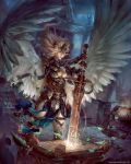  armor blonde_hair long_hair realistic sword weapon wings yuchenghong 