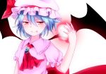  1girl ascot bat_wings blue_hair brooch energy_ball fang fang_out hamuyui_(mihara1212) hat hat_ribbon jewelry looking_at_viewer mob_cap puffy_short_sleeves puffy_sleeves raised_hand red_eyes remilia_scarlet ribbon short_hair short_sleeves simple_background slit_pupils smile solo touhou white_background wings 