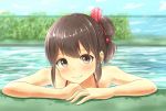  1girl arm_support blush brown_eyes brown_hair long_hair minagiku original pool poolside side_ponytail sky smile solo water wet 