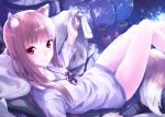  1girl animal_ears apple blush bottomless brown_hair cover food fruit highres holo jewelry kawakami_rokkaku long_hair looking_at_viewer pendant red_eyes smile solo spice_and_wolf tail wolf_ears wolf_tail 