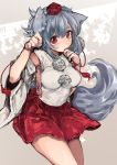  1girl animal_ears breasts detached_sleeves grey_background hand_on_own_chin hat inubashiri_momiji leaf leaf_background looking_at_viewer looking_up melocoton paw_pose pom_pom_(clothes) red_eyes short_hair silver_hair simple_background skirt solo tail tokin_hat touhou wolf_ears wolf_tail 