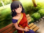  1girl bangle bare_shoulders beli_lapran black_hair bracelet breasts dark_skin dutch_angle game_cg highres hunie_pop indian_clothes jewelry large_breasts long_hair looking_at_viewer ninamo official_art park_bench pink_eyes sari sitting smile solo 